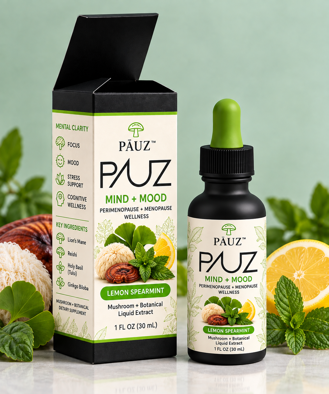 Pāuz™ Mind + Mood Lemon Spearmint mushroom and botanical liquid extract