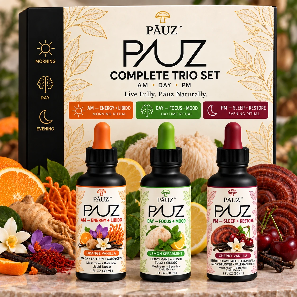 Pāuz AM, DAY and PM complete trio concept with orange, green and cherry labels