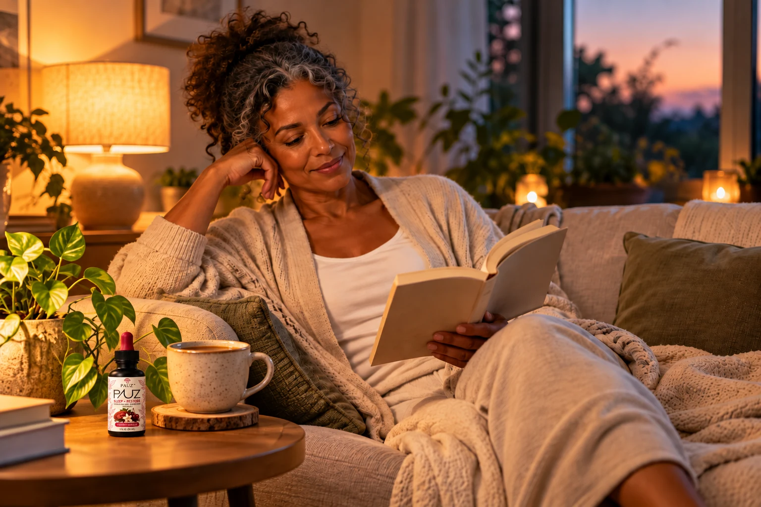 Woman reading at sunset beside a warm drink and a small Pāuz Sleep + Restore tincture bottle on the side table