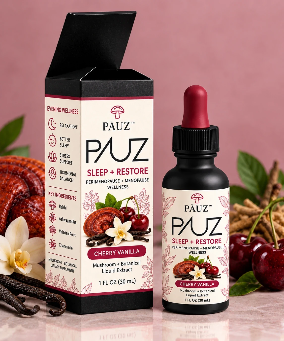 Pāuz Sleep + Restore Cherry Vanilla dropper bottle and matching presentation box
